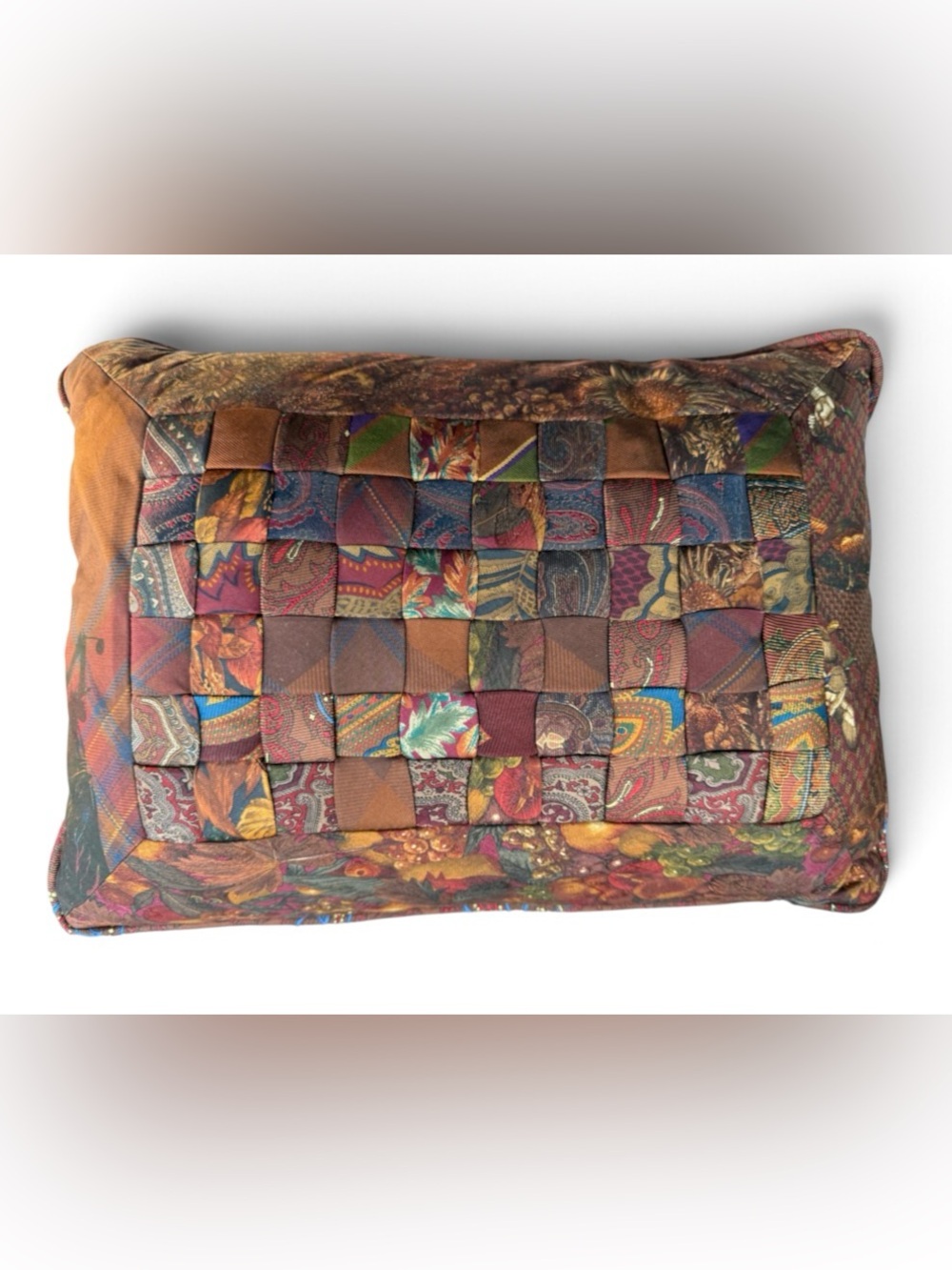 Silk Ties Woven Patchwork Accent Pillow Fall Autumn Golf, Pheasants, Paisley